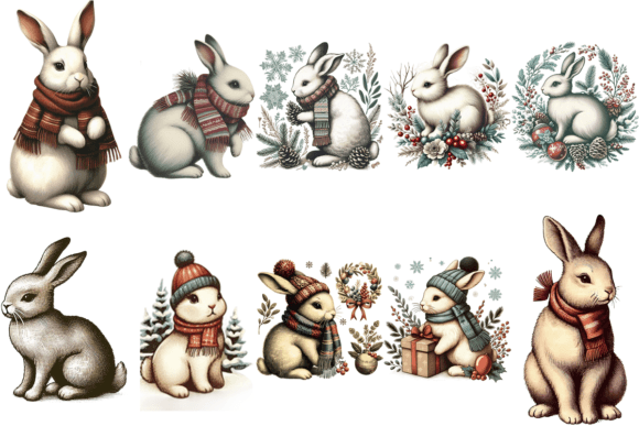 Download 11 Vintage Winter Rabbit PNG Bundle - Bundle Collection