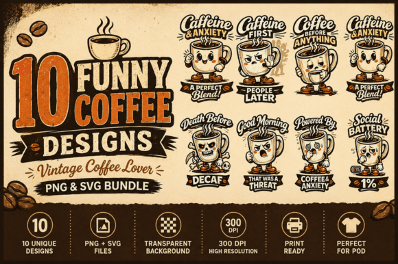 Download 10 Coffee Humor PNG SVG Bundle for POD - Bundle Collection