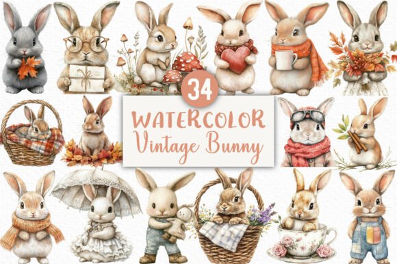 Download Watercolor Vintage Bunny Clipart Bundle - Bundle Collection